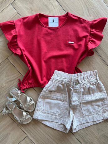 Blusa Cropped Box Infantil Feminino com Amarração Lateral Vermelha Fernanda Ramos Kids