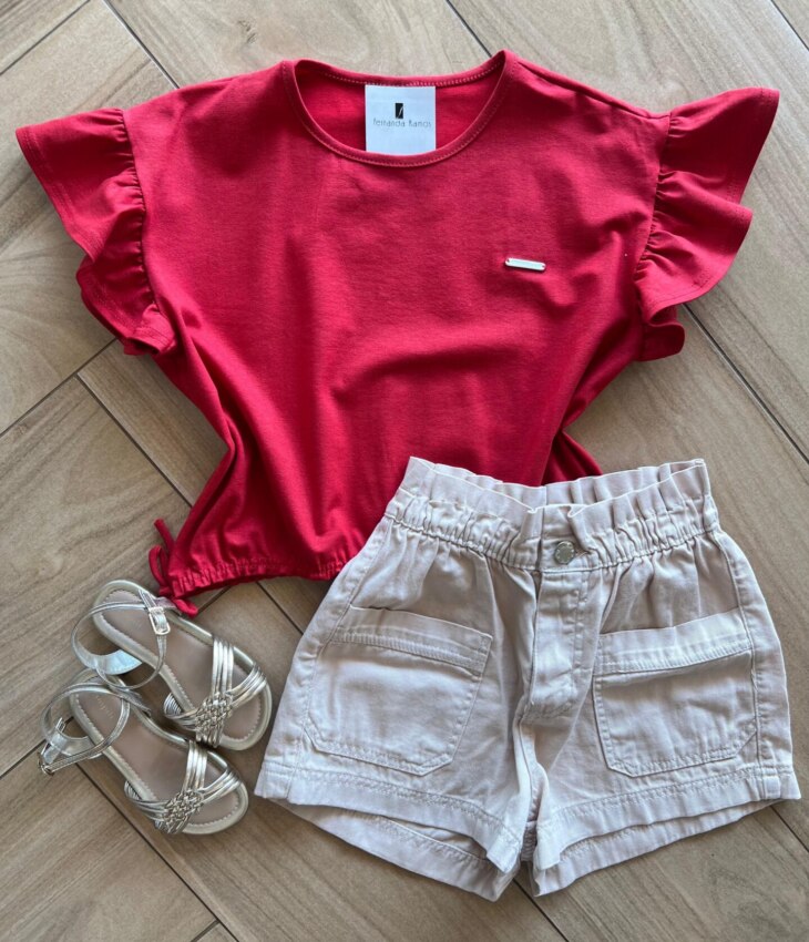 Blusa Cropped Box Infantil Feminino com Amarração Lateral Vermelha Fernanda Ramos Kids