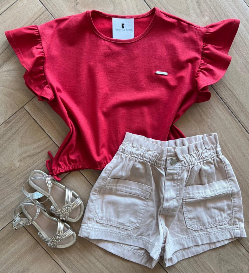 Blusa Cropped Box Infantil Feminino com Amarração Lateral Vermelha Fernanda Ramos Kids