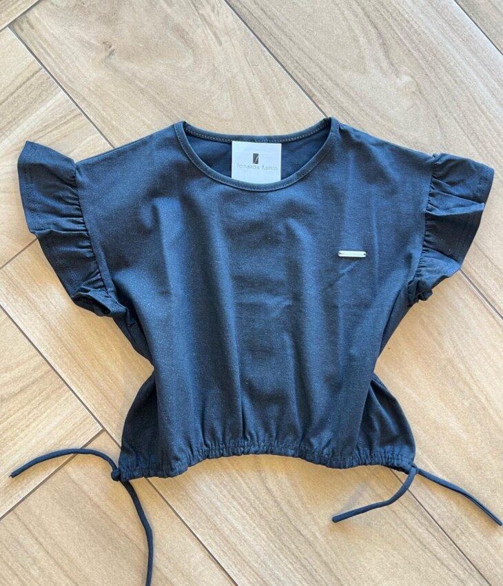 Blusa Cropped Box Infantil Feminino Preto Brilhante Fernanda Ramos Kids
