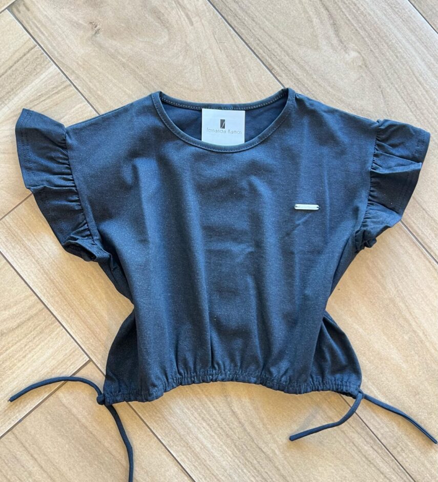 Blusa Cropped Box Infantil Feminino Preto Brilhante Fernanda Ramos Kids
