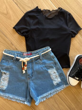 Blusa Cropped Infantil + Blusa de Tule Preto Fernanda Ramos Kids