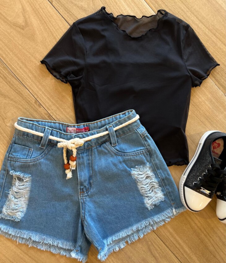 Blusa Cropped Infantil + Blusa de Tule Preto Fernanda Ramos Kids