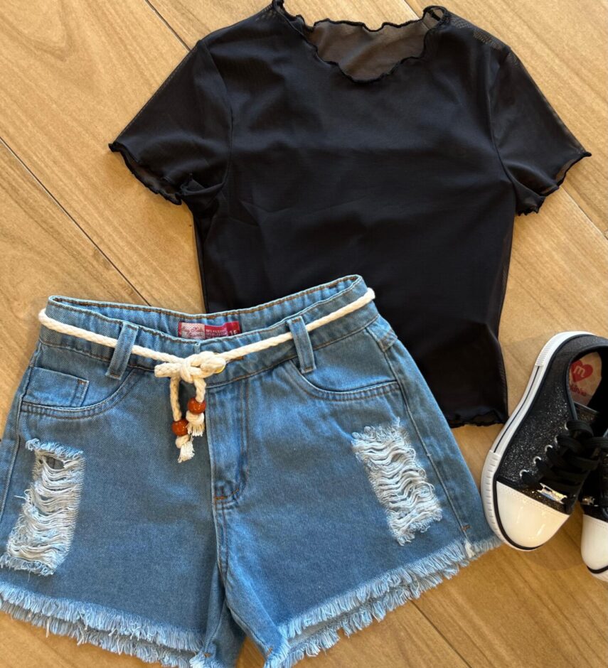 Blusa Cropped Infantil + Blusa de Tule Preto Fernanda Ramos Kids
