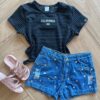 Blusa Cropped Infantil Feminino com Abertura Preto Estampado Fernanda Ramos Kids