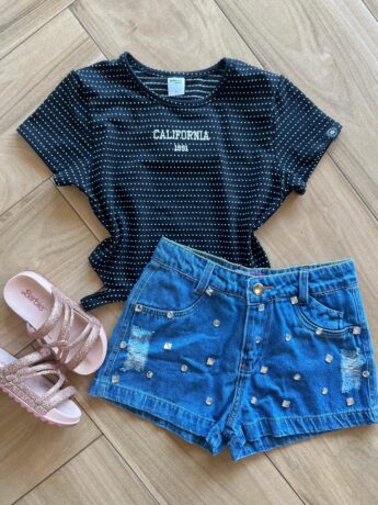 Blusa Cropped Infantil Feminino com Abertura Preto Estampado Fernanda Ramos Kids