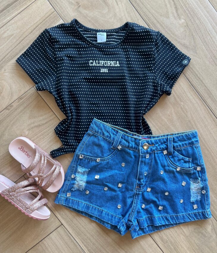Blusa Cropped Infantil Feminino com Abertura Preto Estampado Fernanda Ramos Kids