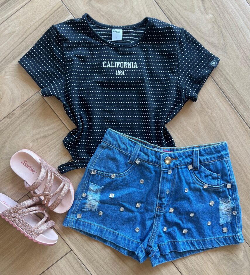 Blusa Cropped Infantil Feminino com Abertura Preto Estampado Fernanda Ramos Kids