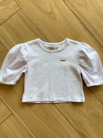 Blusa Cropped Infantil Feminino Manga 3/4 Bufante Branca Fernanda Ramos Kids