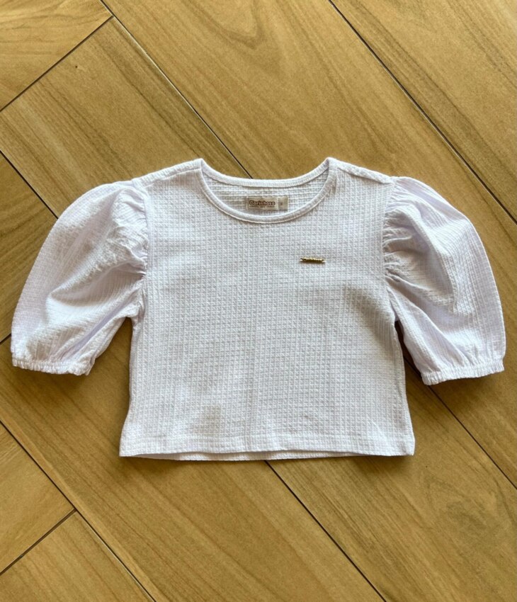 Blusa Cropped Infantil Feminino Manga 3/4 Bufante Branca Fernanda Ramos Kids