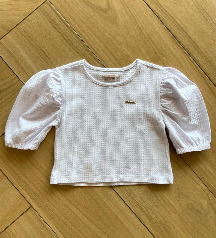Blusa Cropped Infantil Feminino Manga 3/4 Bufante Branca Fernanda Ramos Kids