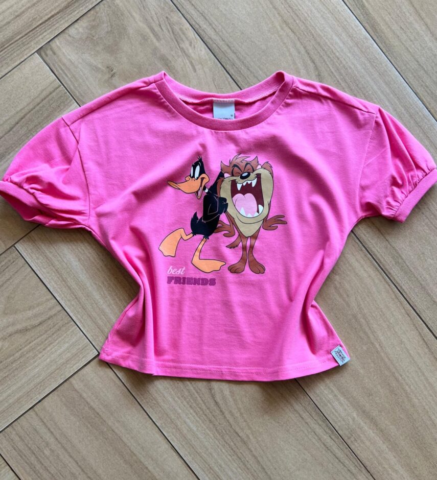 Blusa Cropped Infantil Feminino Manga Curta Amplo Looney Tunes Fernanda Ramos Kids