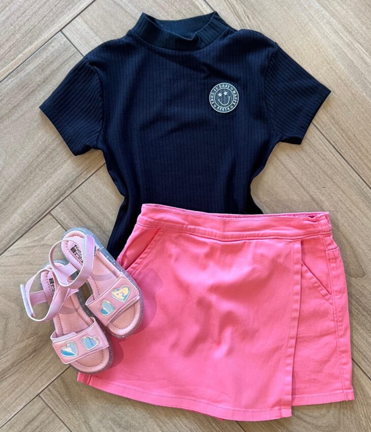 Blusa Cropped Infantil Feminino Preto Canelado Fernanda Ramos Kids