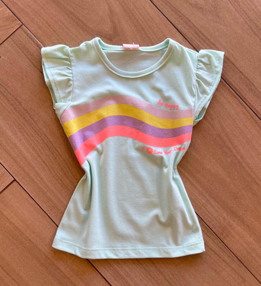 Blusa Infantil Feminina Manga Curta Be Happy Verde Claro Fernanda Ramos Kids