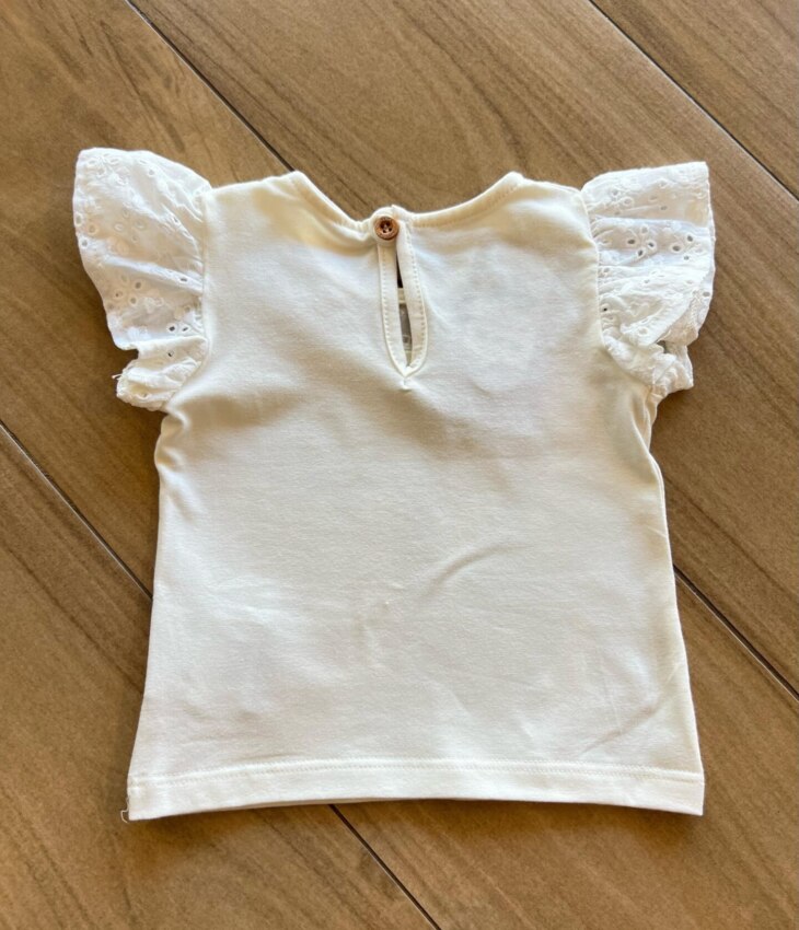 Blusa Infantil Feminina Manga Curta com Detalhe em Laise Off White Fernanda Ramos Kids