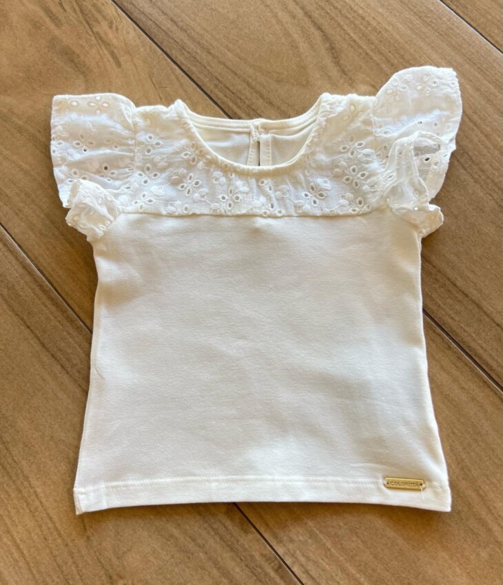 Blusa Infantil Feminina Manga Curta com Detalhe em Laise Off White Fernanda Ramos Kids