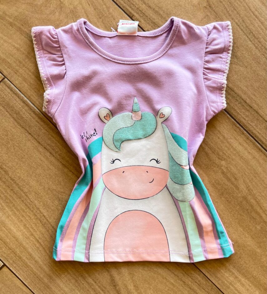 Blusa Infantil Feminina Manga Curta Let's Shine Lilás Fernanda Ramos Kids