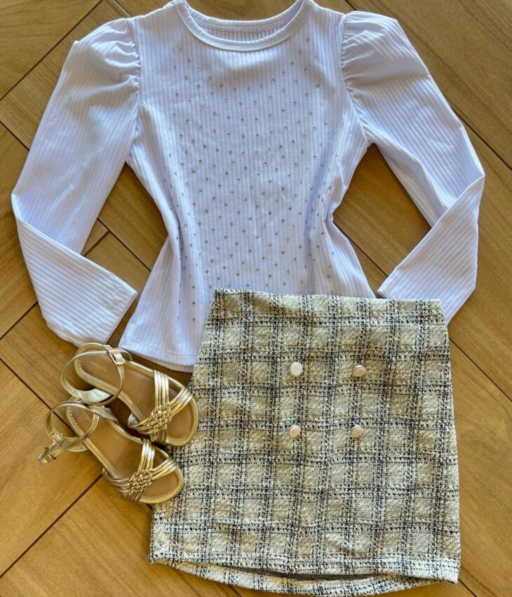 Blusa Manga Longa Infantil Feminina Branco com Brilho Fernanda Ramos Kid
