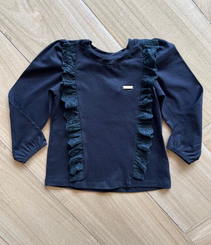 Blusa Manga Longa Infantil Feminina com Detalhe em Laise Preta Fernanda Ramos Kids