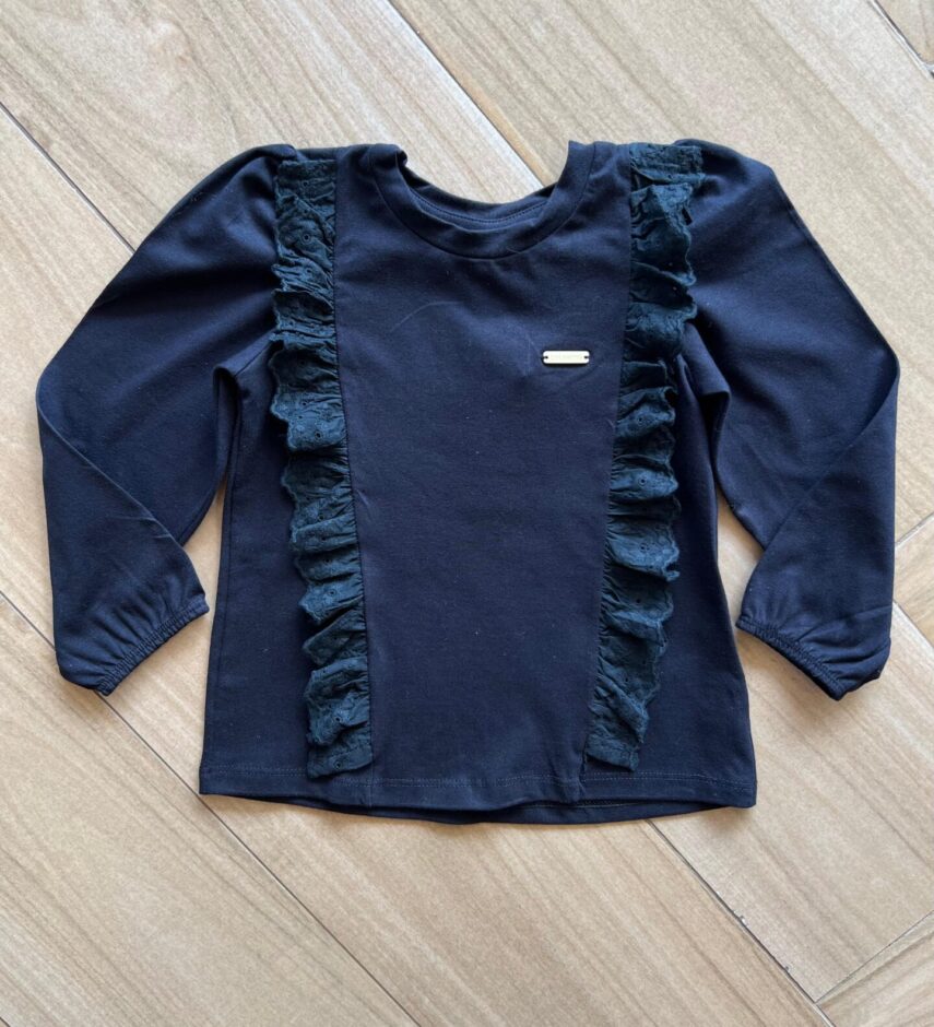 Blusa Manga Longa Infantil Feminina com Detalhe em Laise Preta Fernanda Ramos Kids