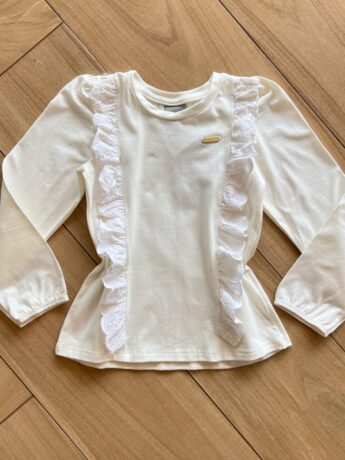 Blusa Manga Longa Infantil Feminina Off White com Babado Fernanda Ramos Kids
