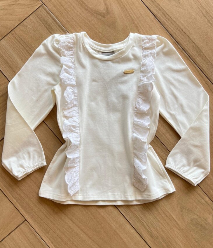 Blusa Manga Longa Infantil Feminina Off White com Babado Fernanda Ramos Kids