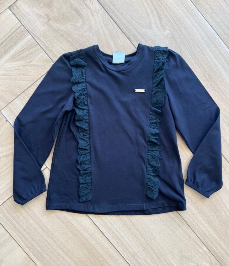 Blusa Manga Longa Infantil Feminina Preta com Babado Fernanda Ramos Kids