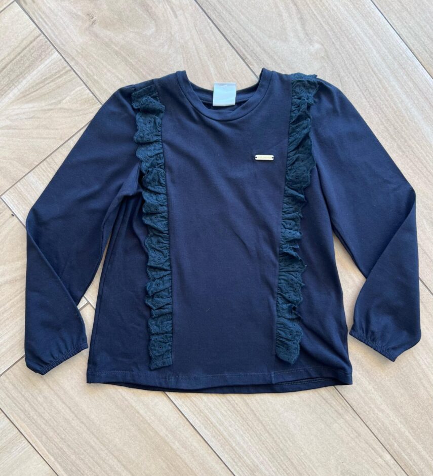 Blusa Manga Longa Infantil Feminina Preta com Babado Fernanda Ramos Kids