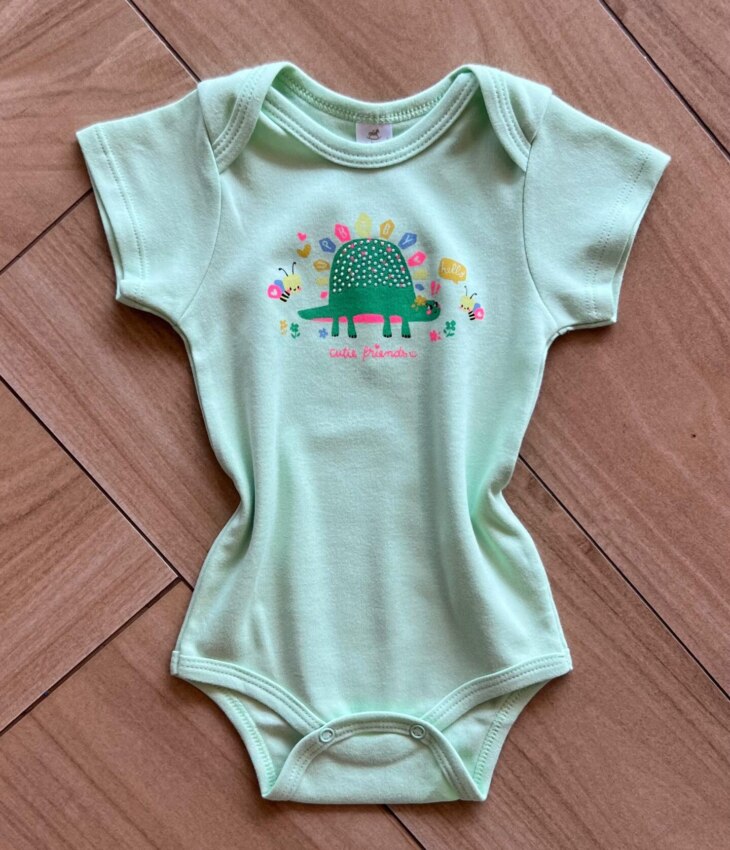 Body Infantil Feminino Básico Manga Curta Cutie Friends Verde Claro Fernanda Ramos Kids