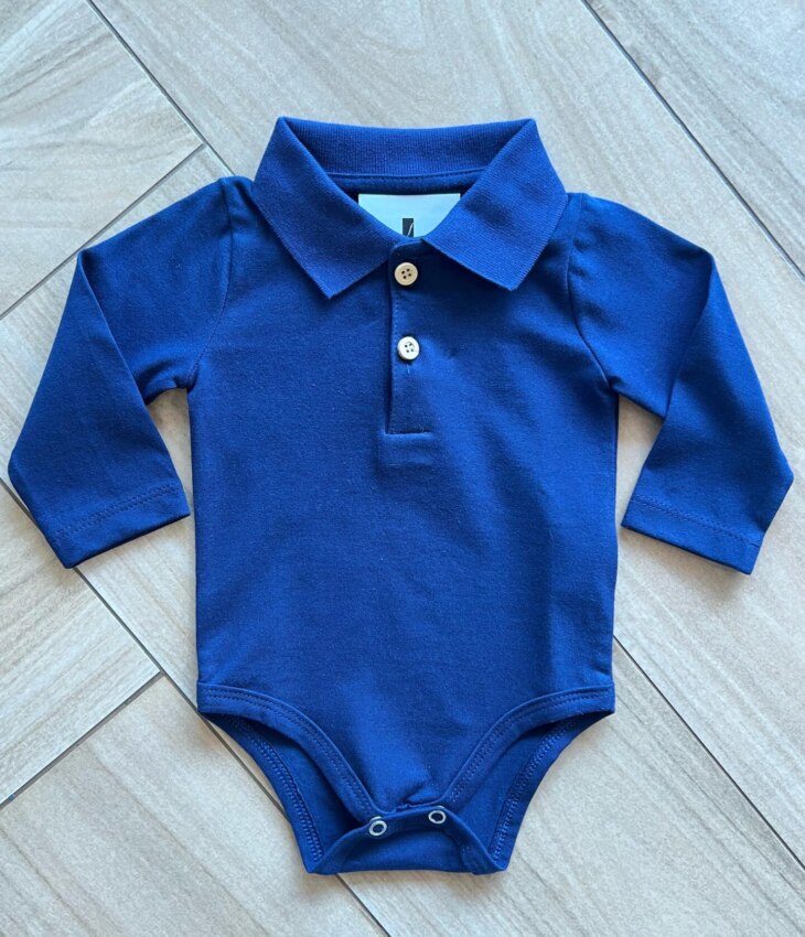 Body Infantil Maculino Gola e Manga Longa Azul Marinho Fernanda Ramos Kids