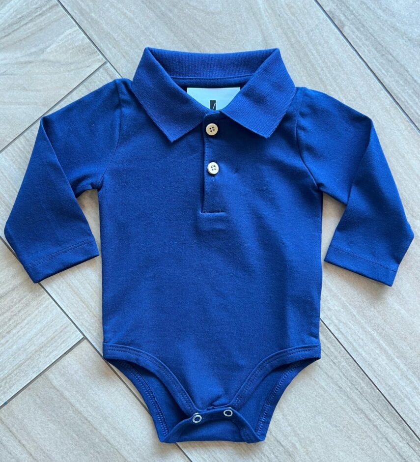 Body Infantil Maculino Gola e Manga Longa Azul Marinho Fernanda Ramos Kids