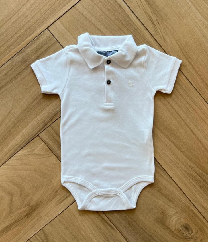 Body Infantil Manga Curta Gola Polo Branco Suedine Fernanda Ramos Kids