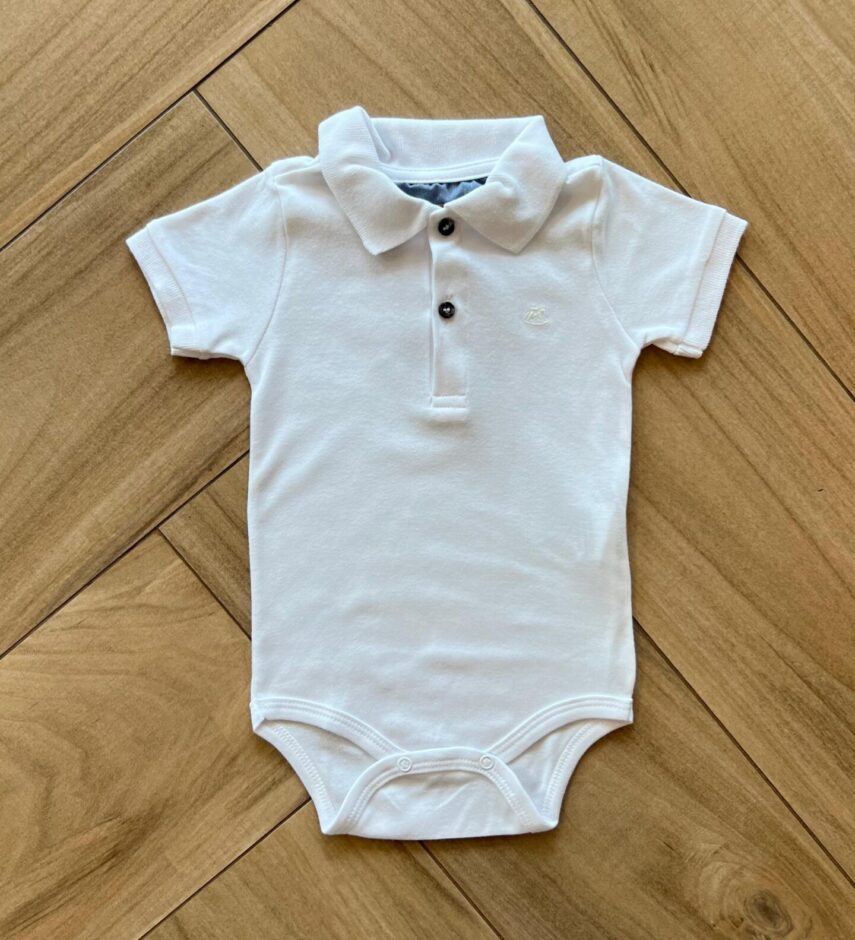 Body Infantil Manga Curta Gola Polo Branco Suedine Fernanda Ramos Kids