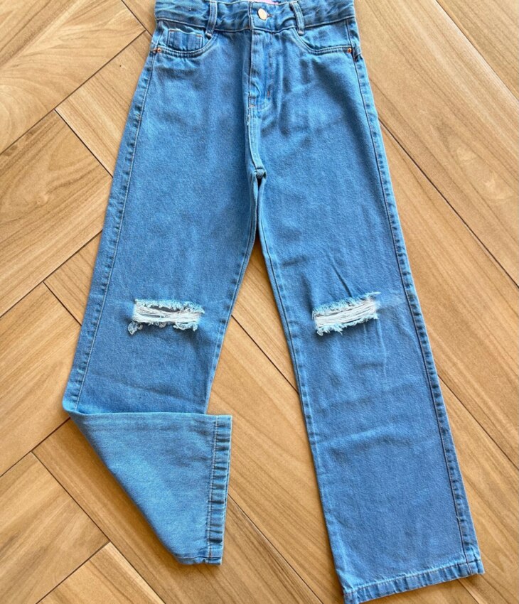 Calça Juvenil Feminina Jeans Claro Wide Leg Destroyed Fernanda Ramos Kids