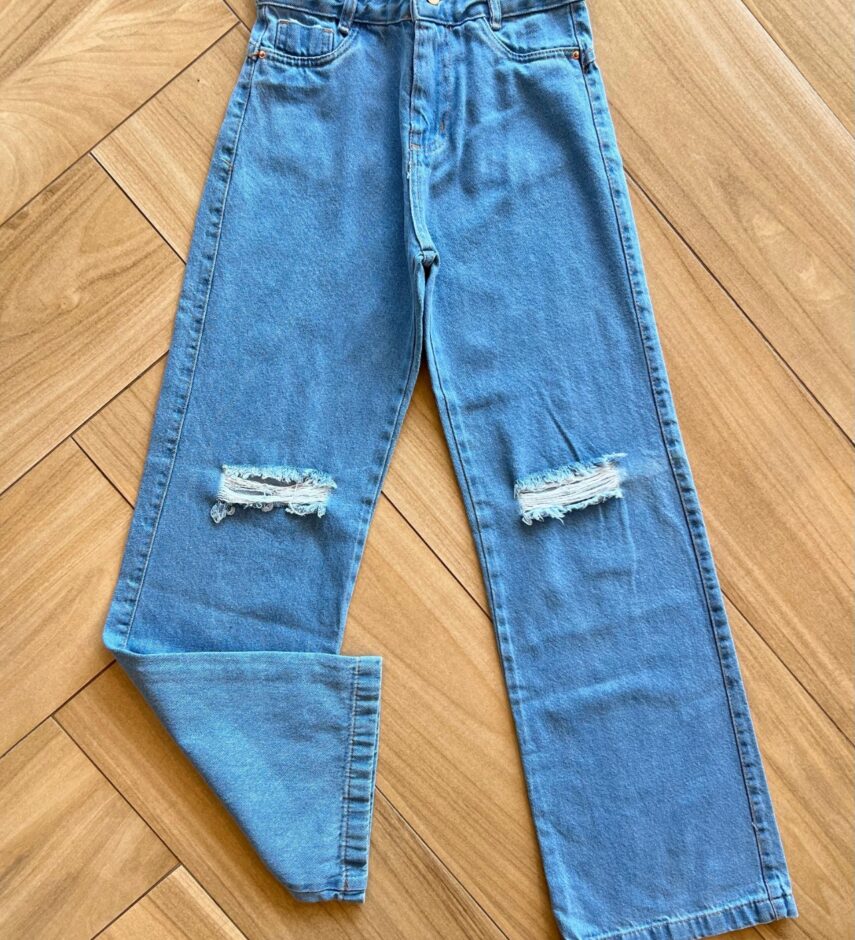 Calça Juvenil Feminina Jeans Claro Wide Leg Destroyed Fernanda Ramos Kids