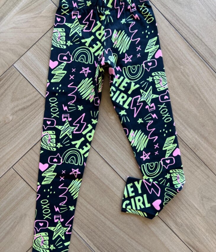 Calça Legging Infantil Feminina Básica Estampa Hey Girl Preta Fernanda Ramos Kids