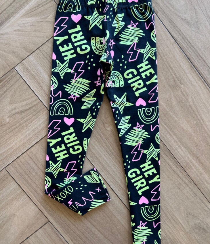 Calça Legging Infantil Feminina Básica Estampa Hey Girl Preta Fernanda Ramos Kids