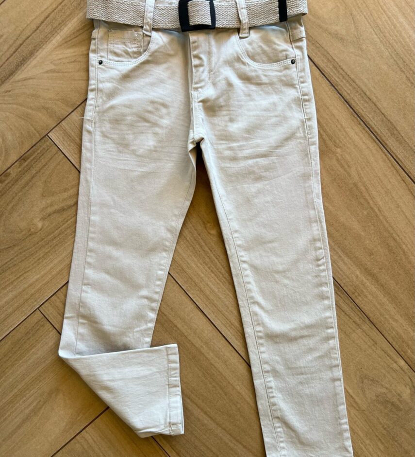 Calça Masculina Infantil Sarja Essencial Color com Cinto Bege Fernanda Ramos Kids