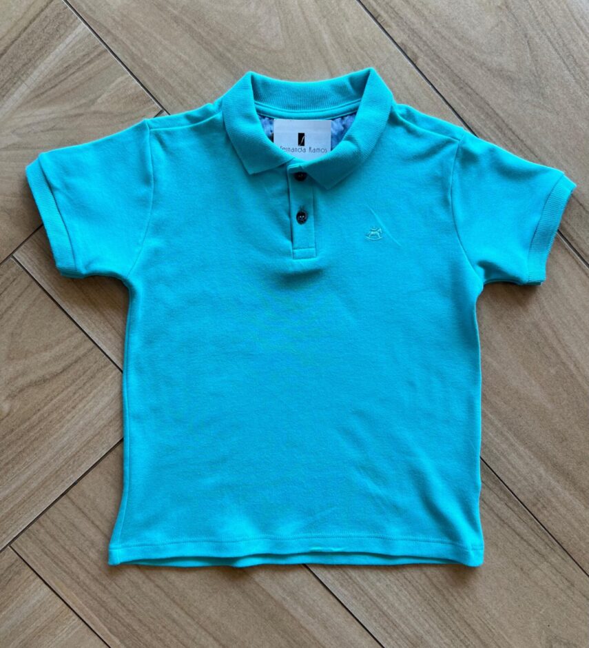 Camisa Infantil Masculina Polo Manga Curta em Suedine Azul Piscina Fernanda Ramos Kids