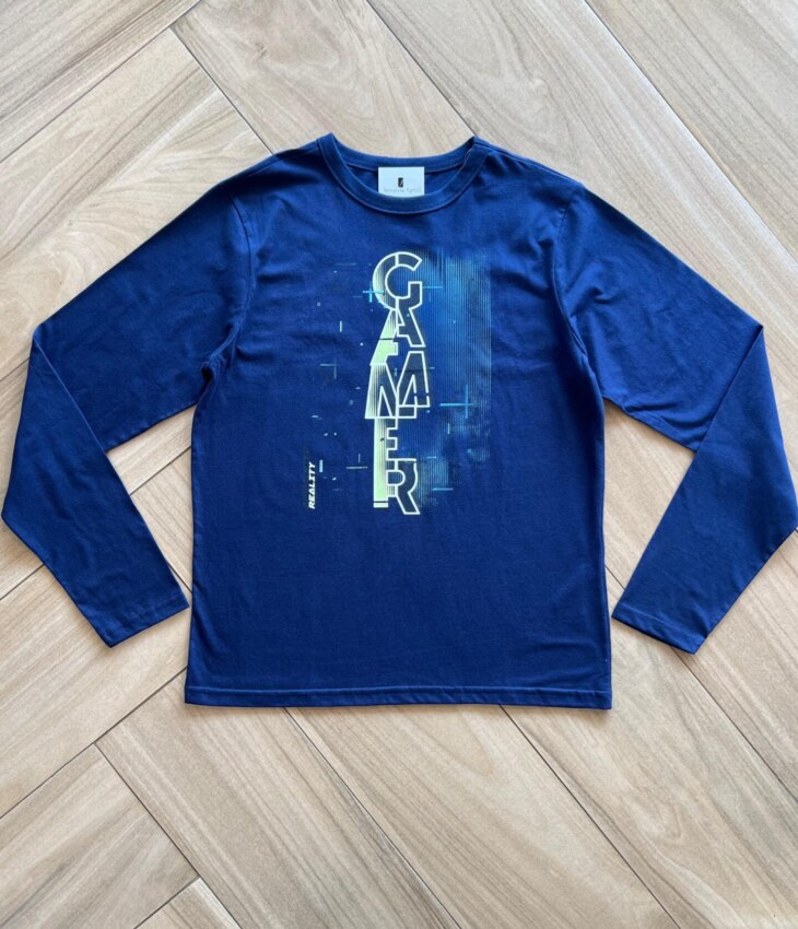 Camiseta Infantil Masculina Básica Manga Longa Gamer Azul Fernanda Ramos Kids