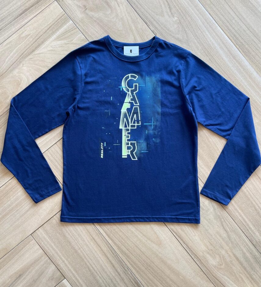 Camiseta Infantil Masculina Básica Manga Longa Gamer Azul Fernanda Ramos Kids