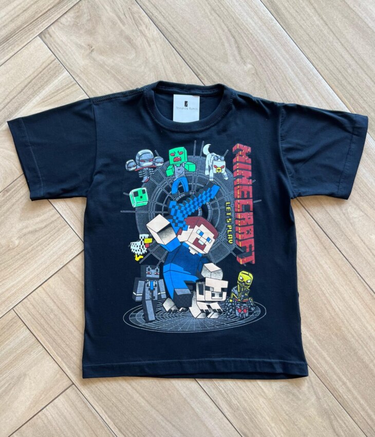 Camiseta Infantil Masculina Manga Curta Estampado Minecraft Preta Fernanda Ramos Kids