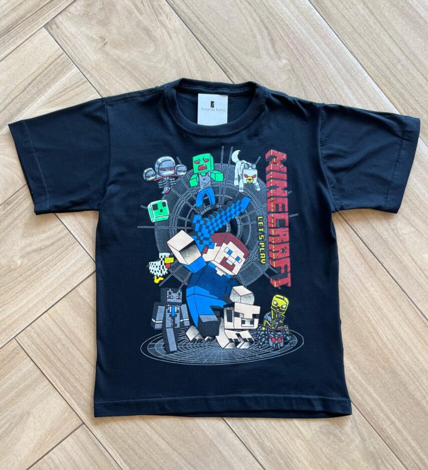 Camiseta Infantil Masculina Manga Curta Estampado Minecraft Preta Fernanda Ramos Kids