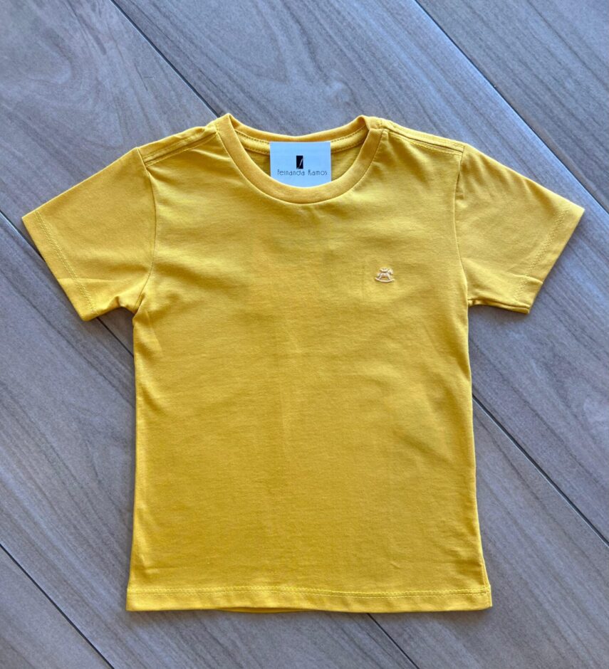 Camiseta Infantil Masculina Manga Curta Meia Malha Mostarda Fernanda Ramos Kids