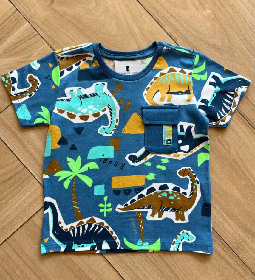 Camiseta Infantil Masculina Manga Curta Meia Malha Roarr Estampada Fernanda Ramos Kids