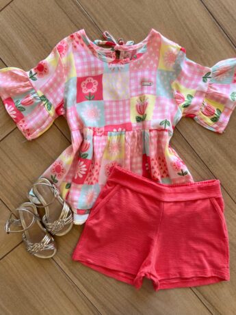Conjunto Infantil Feminino Blusa Bata Short Rosa Fernanda Ramos Kids