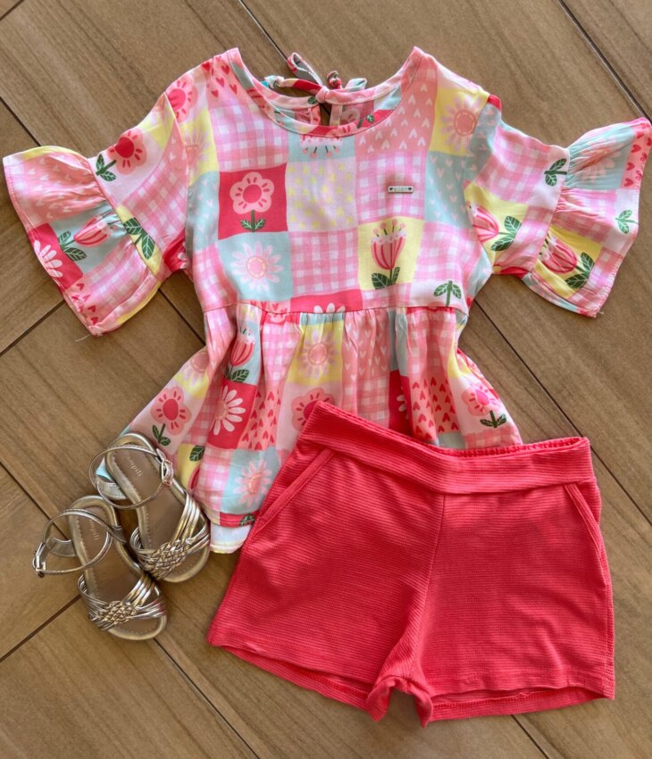 Conjunto Infantil Feminino Blusa Bata Short Rosa Fernanda Ramos Kids