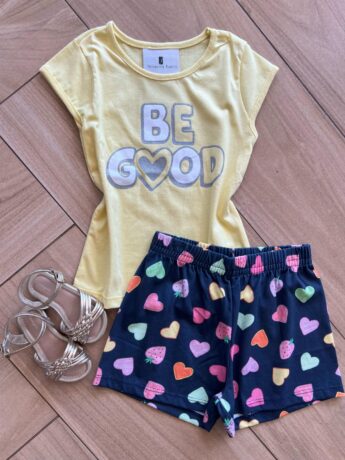 Conjunto Infantil Feminino Blusa Be Good e Short Azul Escuro Fernanda Ramos Kids