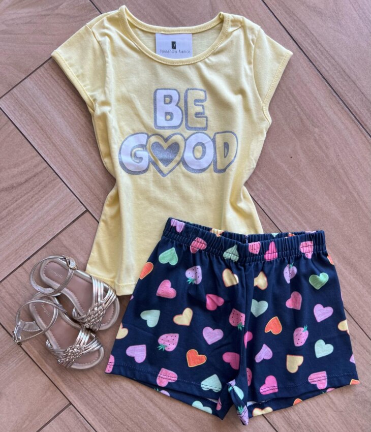 Conjunto Infantil Feminino Blusa Be Good e Short Azul Escuro Fernanda Ramos Kids