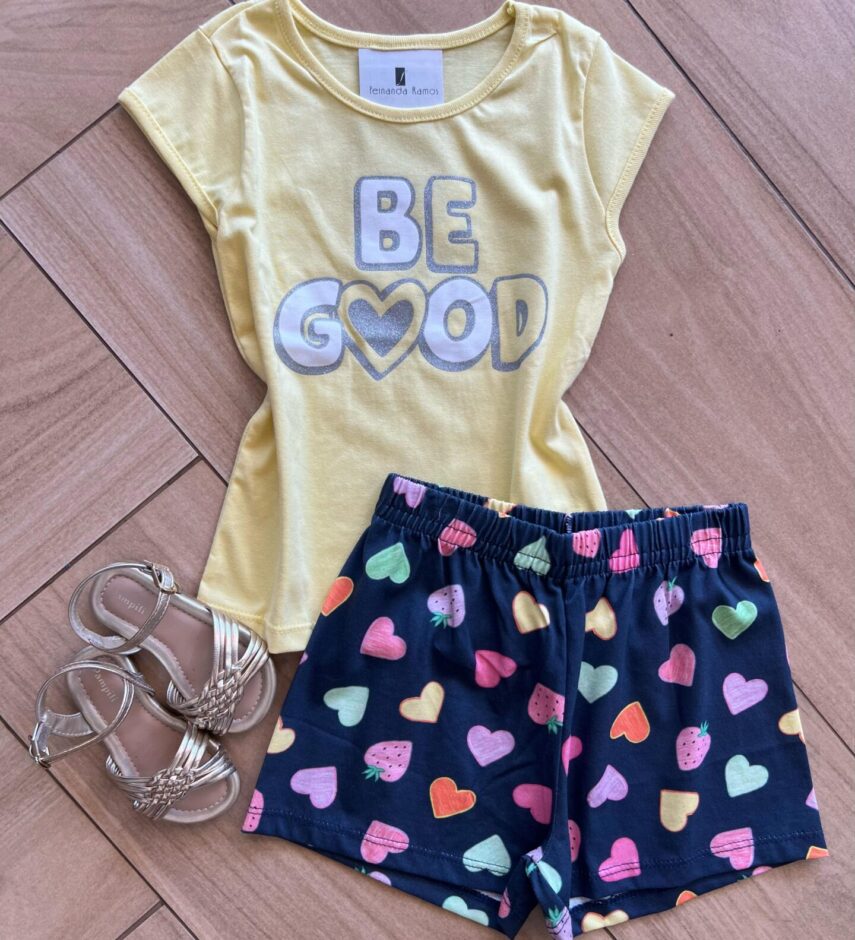 Conjunto Infantil Feminino Blusa Be Good e Short Azul Escuro Fernanda Ramos Kids